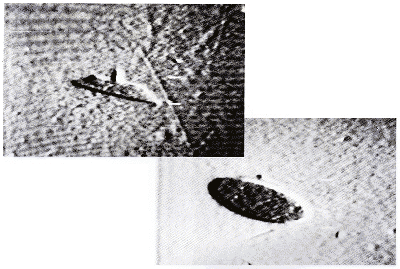 Left: the edges of the features visible in the two Trent photographs are enhanced in these two computer- generated images. 
Scratches and other blemishes on the ill-treated negatives are clearly brought out - but there is no trace of the wire that would be expected if the object were a model suspended from the telephone wires overhead