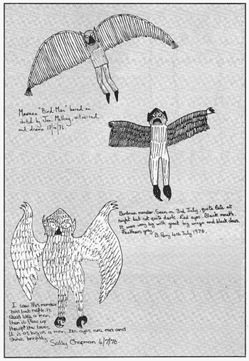 Drawings made by three young witnesses of the Cornish Owlman, with their own descriptions. The resemblance between the sighting of 3 July and the one made three months earlier is striking